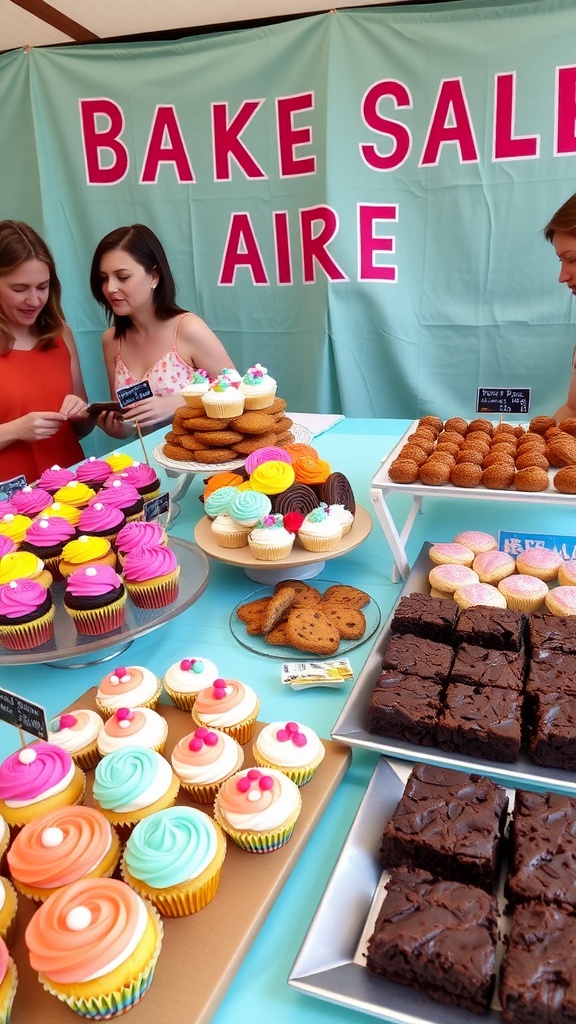 A colorful bake sale table with a variety of baked goods including cupcakes, cookies, and brownies.